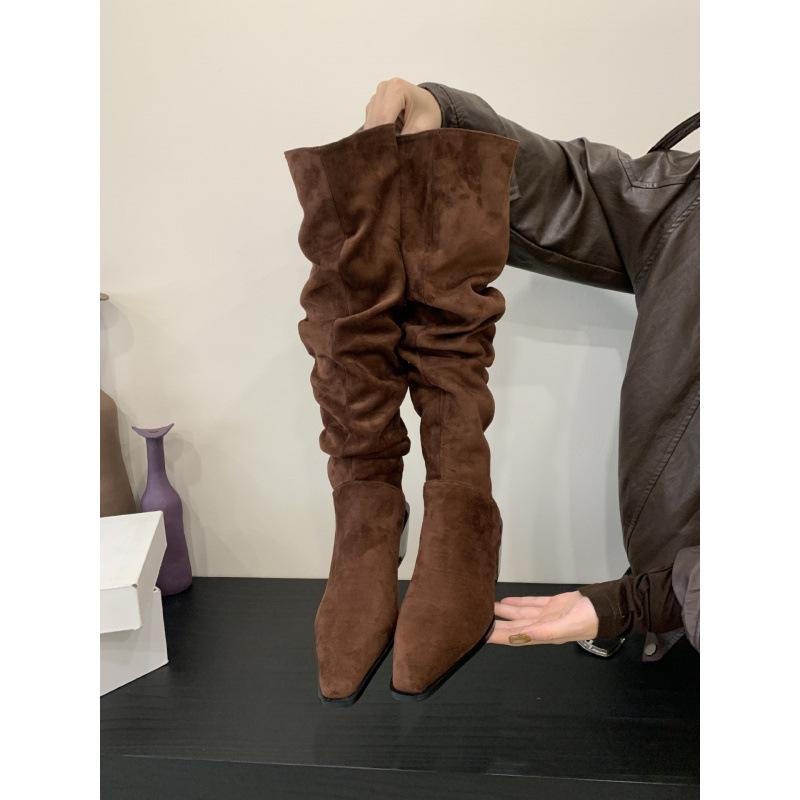 2025 New Fashionable Versatile European and American Suede Square Heel Knight Boots Long Boots Thin High Boots Women