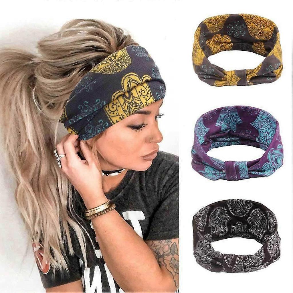 Earent Boho African Headbands Yoga Wide Knot Hair Bands Sweat Printed Headwraps Elastic Turban Headscarfs Multicolor Headwear Outdoor Hair Accessories