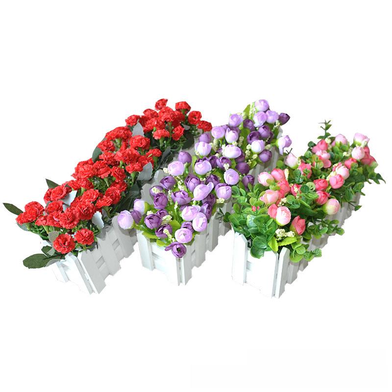 Artificial Flower Set: Wooden Fence & Small Potted Plants for Home Decoration