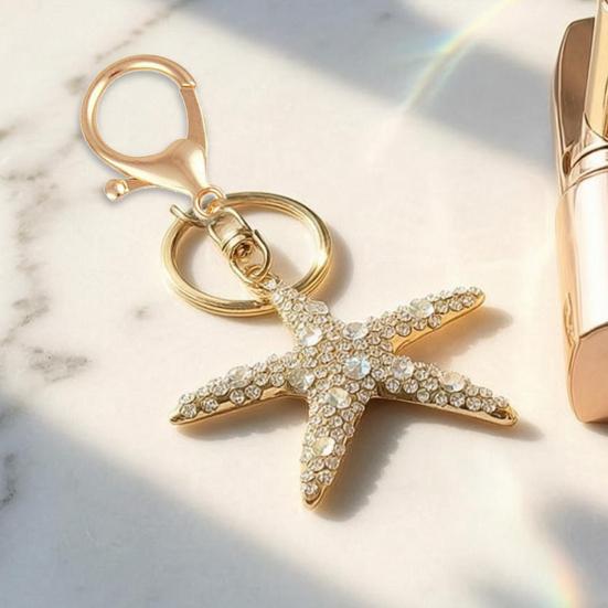 Keychain Pendant Rhinestones Inlaid Starfish Design Key Chain with Lobster Clasp Bag Charm Backpack Accessory