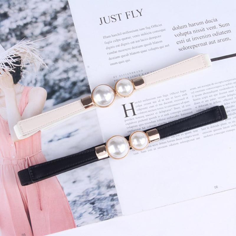 Creative Pearl Buckle Belt Pu Leather Dress Skirt Waist Elastic Thin Women Belts Ladies Waistband