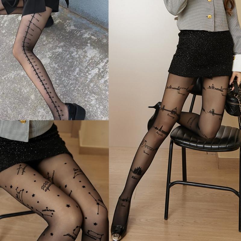 Women Spring Thin Sheer Silky Tights Harajuku Ruler City Constellation Flocking Patterned See Through Pantyhose Stocking
