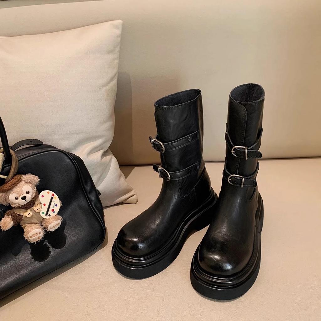 Cowhide Su Yinyin 6cm thick-soled but knee boots women's autumn and winter belt buckle thin boots western knight boots