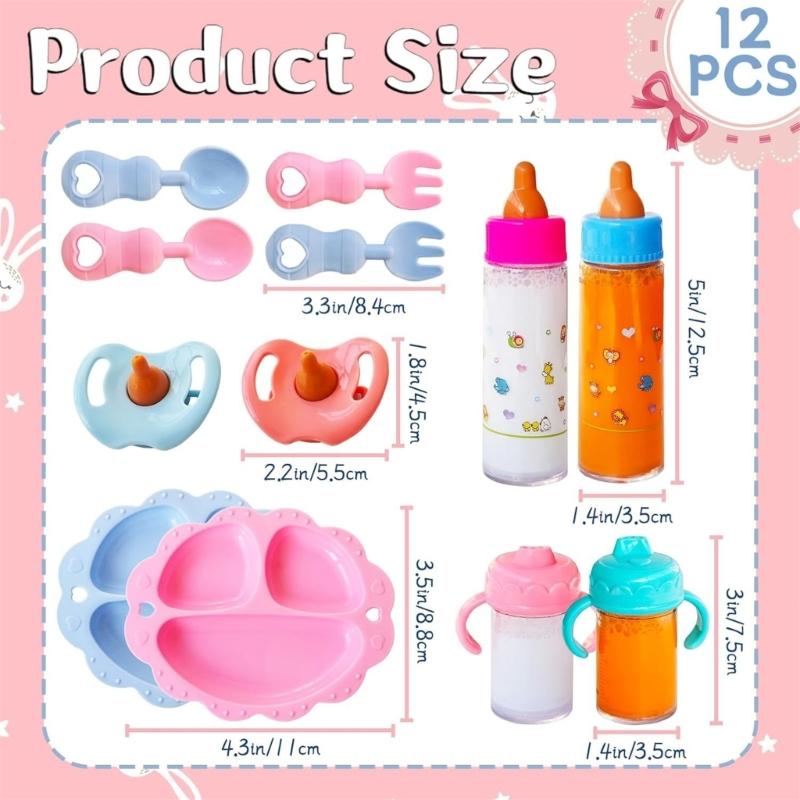12pcs Realistic Baby Doll Feeding Set With Bottle Pacifiers Juice Containers Interactive Pretend Play Nursing Accessories