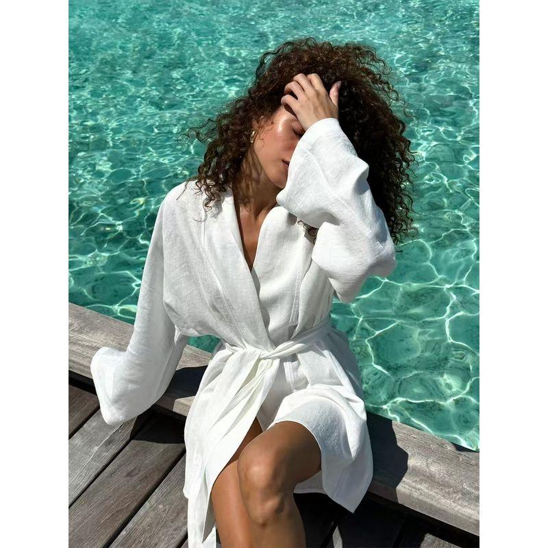 

Western Style Sexy V-neck Long sleeve Lace-up Dress Casual and Comfortable Beach Skirt Loose Lace up Dress White S