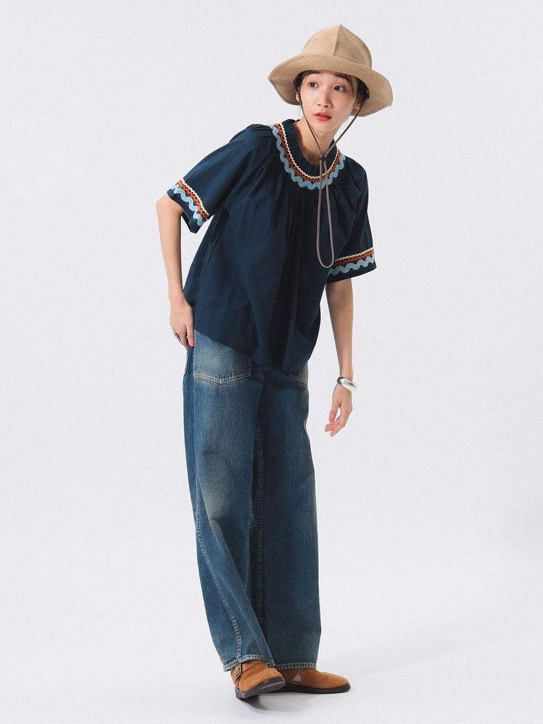 Beams Boy Shirt Trepied Tape Gathered Smock Navy Free S/S [Special Order] Women's
