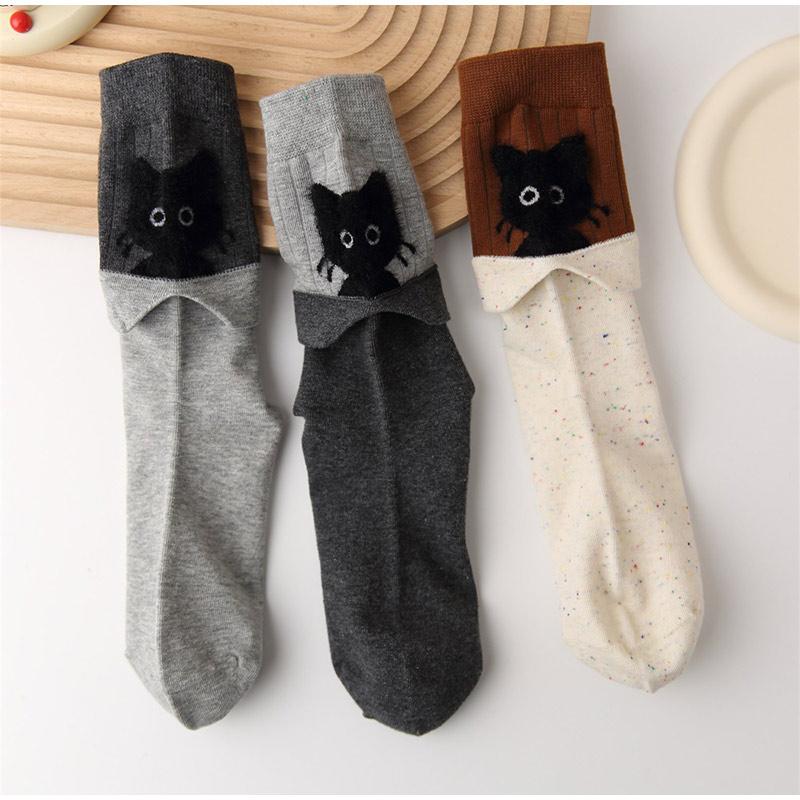 Autumn Winter Peekaboo Cat Cartoon Mid-Calf Socks Kawaii Cute Warm Socks Cotton Home Sleep Sock Soft Comfortable Daily Wear Gift