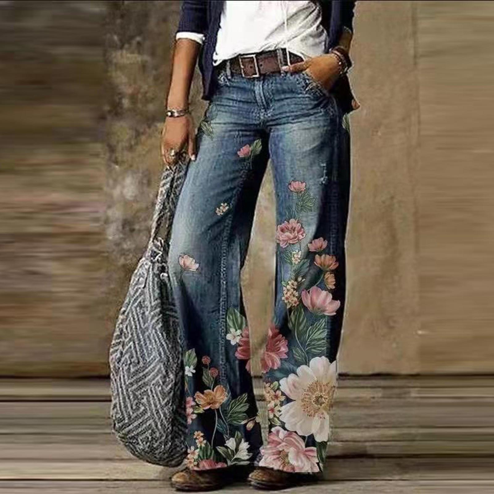 

Женские широкие прямые повседневные брюки с карманами на молнии с цветочным принтом и пуговицами без пояса, брюки из искусственного денима с высокой талией XL розовый