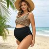 Bikini-Set für Schwangere, High-Waist-Unterteil Leo-Print-Oberteil, Weiche elastische stützende Bademode zum Schwimmen