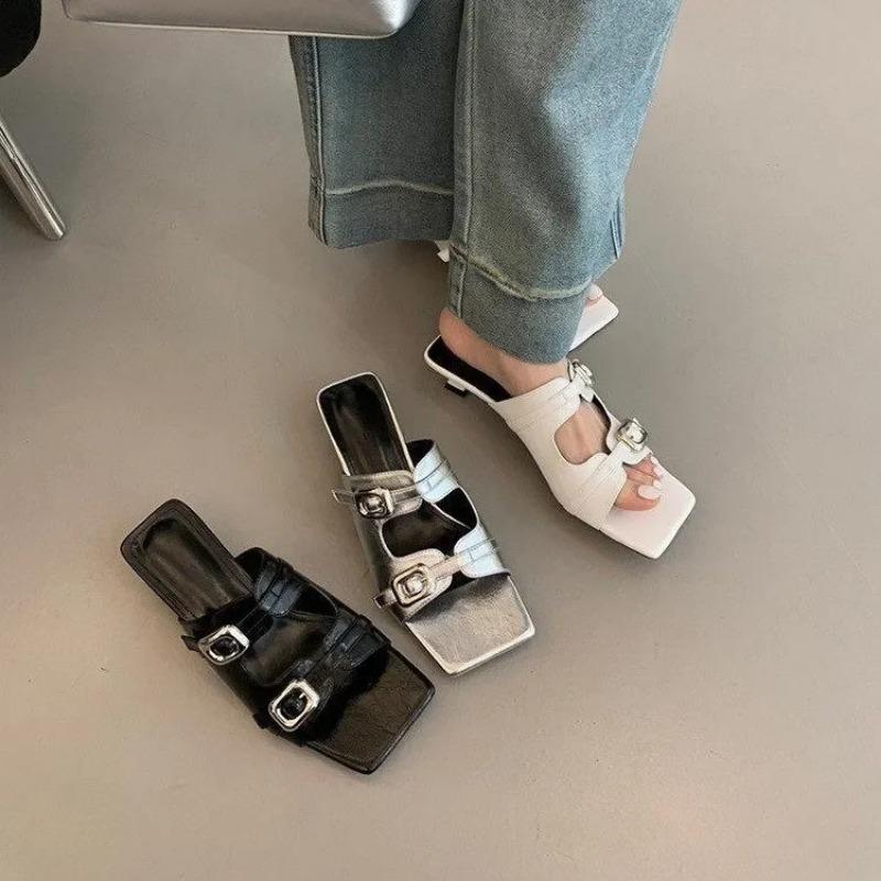 Punk Gothic Buckle High Heel Sandals New 2025 Summer Square Toe Silver Low Heel Slippers Women Designer Party Shoe Zapatos