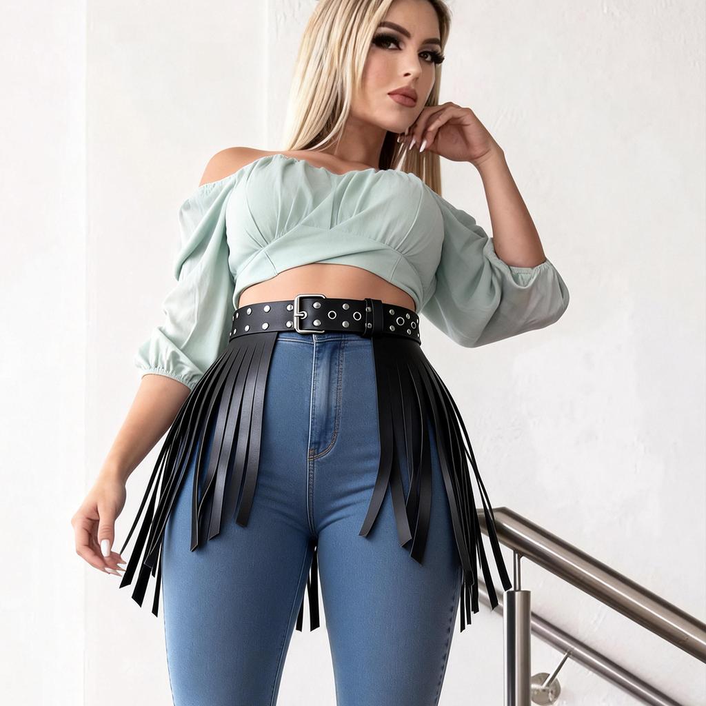 Cintura da Donna in Pelle con Frange, Cintura in Vita Borchiata con Nappe, Accessorio di Moda Versatile per Abbigliamento Western e Casual
