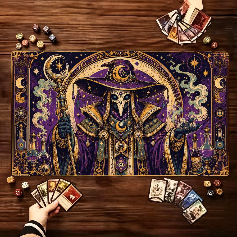 Vintage Celestial Wizard Pattern Large Game Playmat Non Slip Rubber Table Mat Stitched Edge For Card Game Laptop Gaming