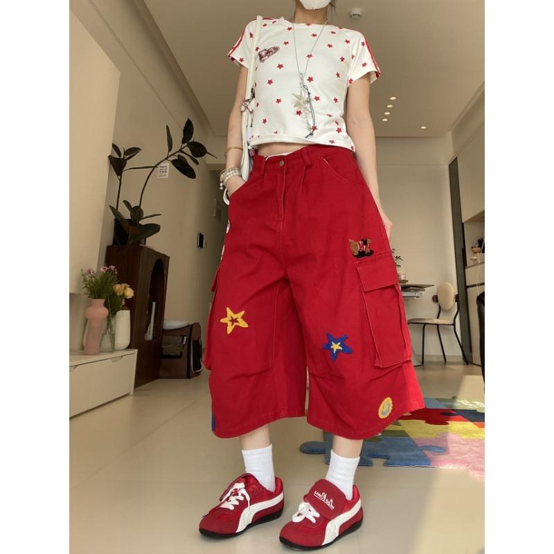 

Ретро вышитые джинсовые укороченные брюки женские летние новые Spice Girl с высокой талией и тонкие свободные широкие штаны-карго 2XL красный