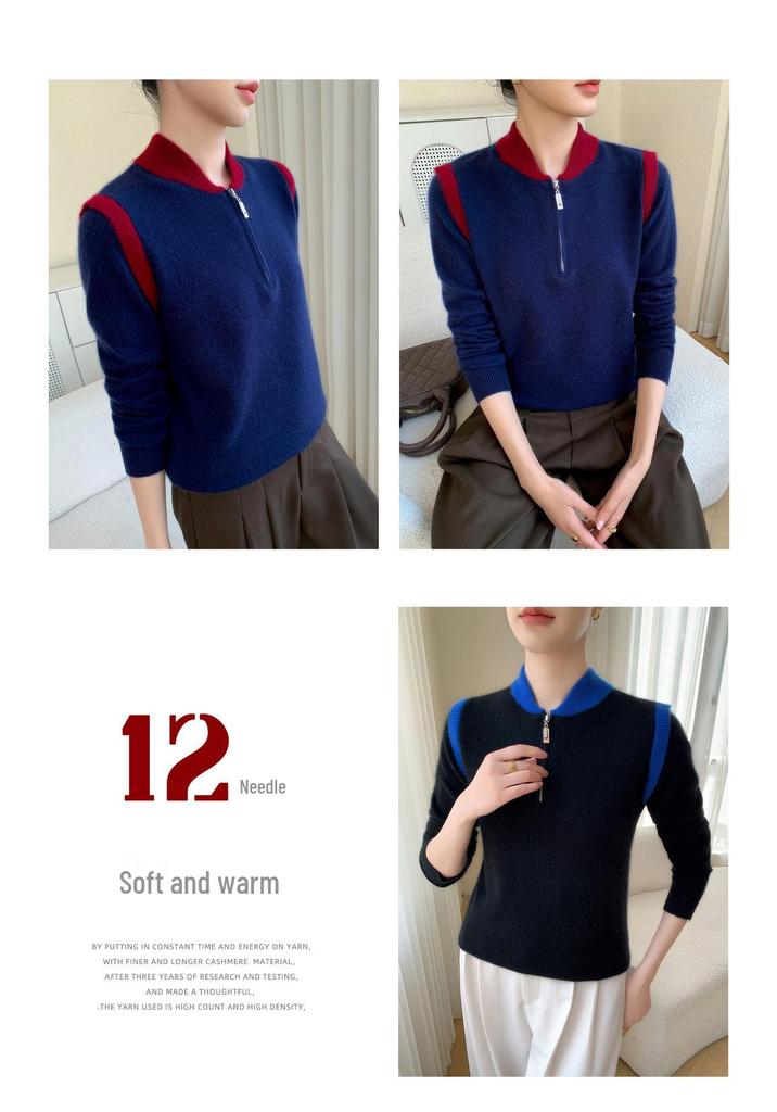 New Style Women's Half-Zip Color-Block Cashmere Sweater - Autumn/Winter Slimming Knit Double-Layer Collar Top