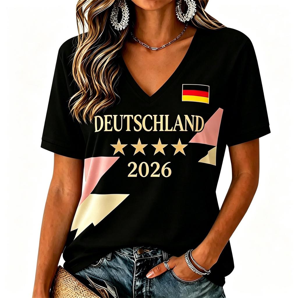 Women V Neck T Shirt Short Sleeve Casual Tee Top Germany Inspired Graphic Print Lightweight Summer Blouse