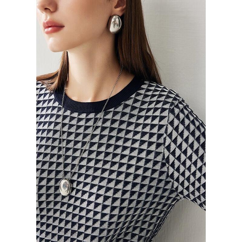 Zhaojun Women's Silk Blend Plaid Knit Short Sleeve T-Shirt