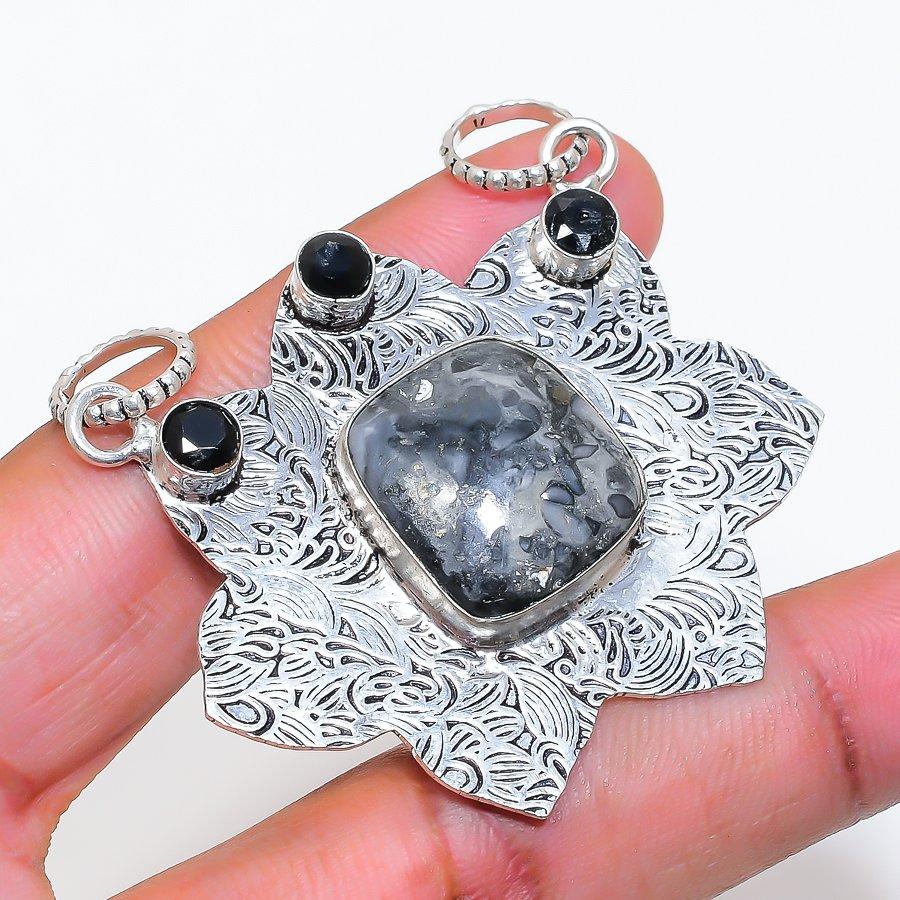 Natural Rock Fossil, Spinel 925 Sterling Silver Jewelry Pendant 1.97" ZS-641