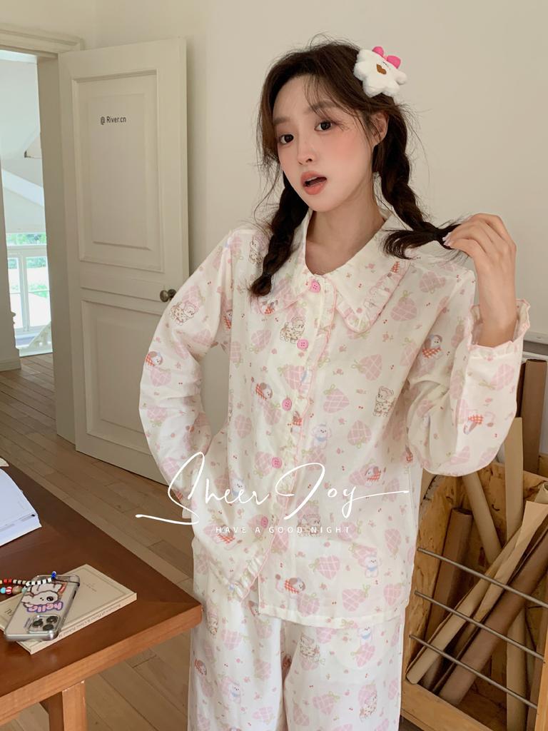 New Xiaohongshu pure cotton A gauze women's loungewear long sleeves trousers pajamas women's autumn jasmine tea