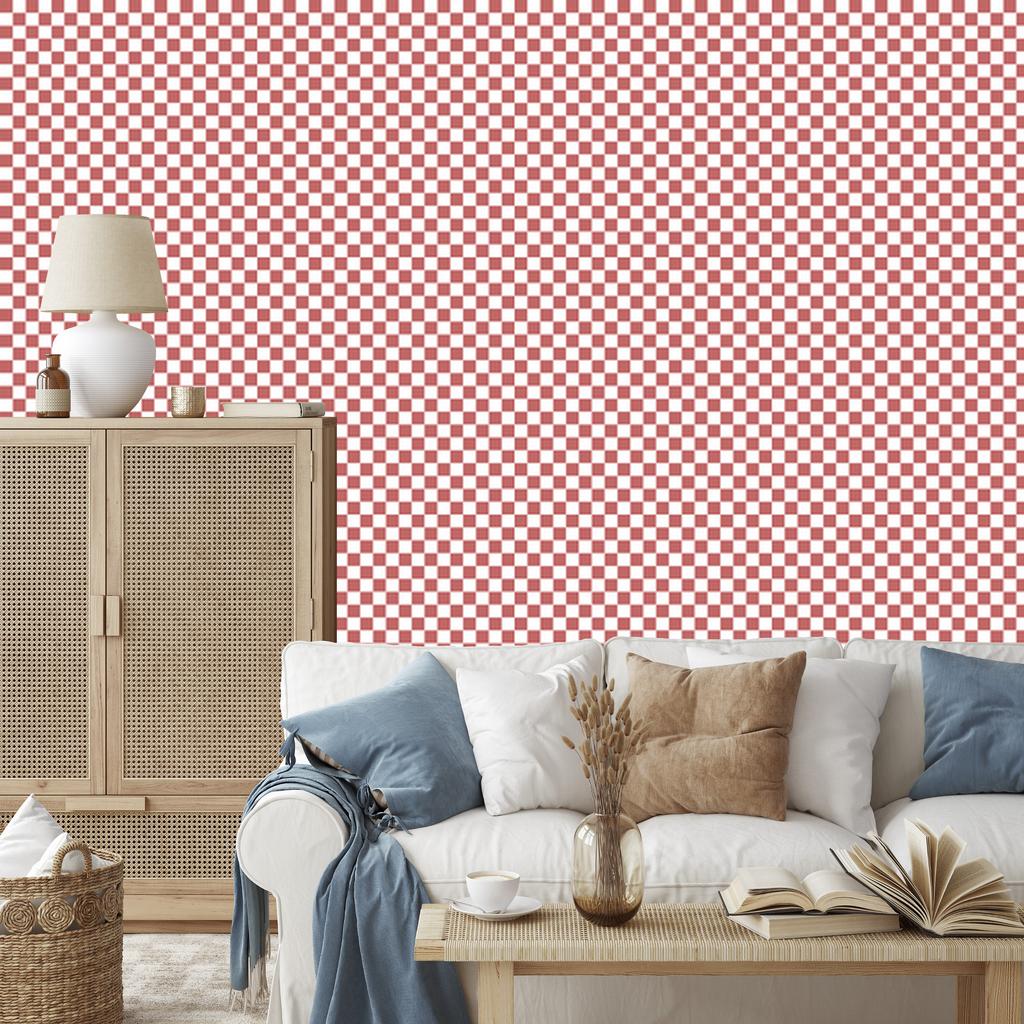 Checkerboard Wallpaper Coral, White and Red for Living Room and Bedroom 50x1000