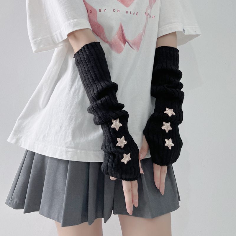 

Cute Young Adult Wool XINGX Super Fashionable Fingerless Gloves Black Pink Stars All yards