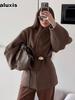 Autumn/Winter New Arrivals Elegant Brown Cinched Waist Wool Blend Coat for Women