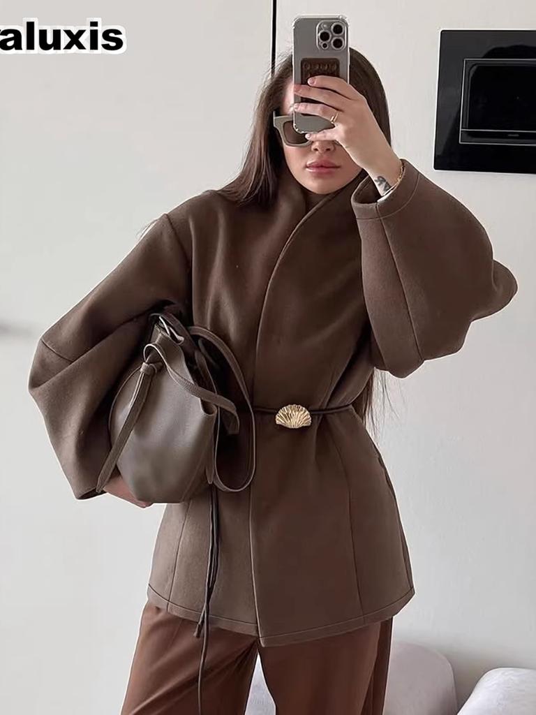 Autumn/Winter New Arrivals Elegant Brown Cinched Waist Wool Blend Coat for Women