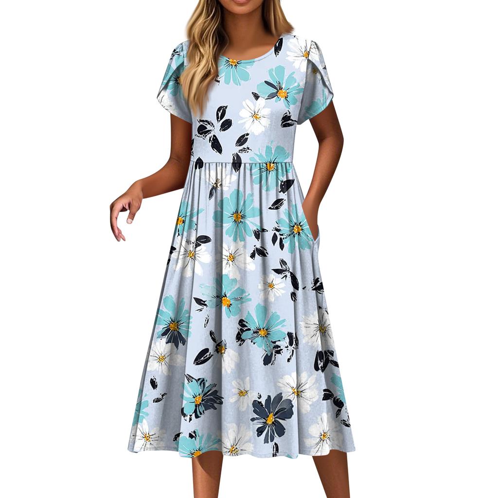 Women's Fashion Casual Loose Floral Print Round Neck Pocket Short Sleeve Dress