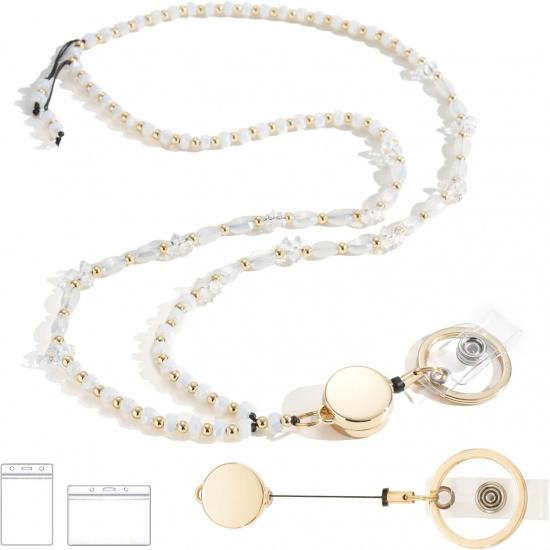 Retractable Lanyards for ID Badges and Keys, Beaded Lanyards for Women Cream Crystal, Cute Teacher Lanyard Apricot Pink