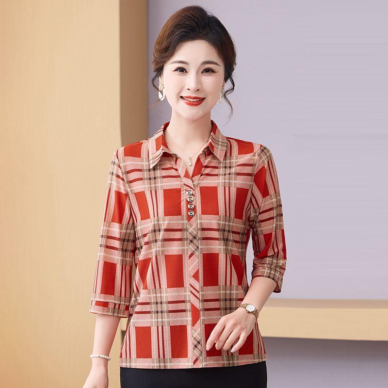 Women s New Splicing Socket Lapel Button Plaid Stylish Loose Versatile Casual Short-sleeved Blouses Shirts XL красный
