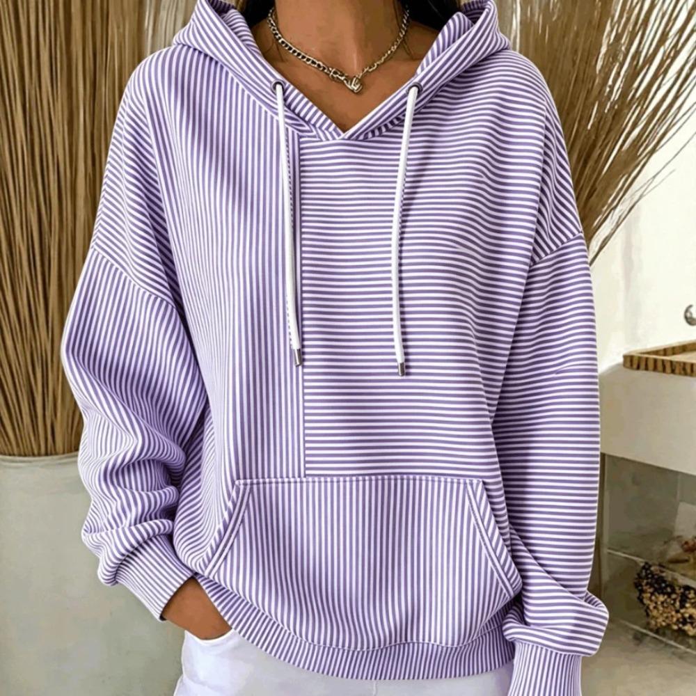 Women's V Neck Long Sleeve Striped Hoodie Casual Loose Pullover Sweatshirt for Daily Wear