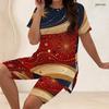 Women Plus Size 2 Piece Set Crew Neck Short Sleeve Side Slit Top Biker Shorts Red Blue Gold Firework Star Print Outfit