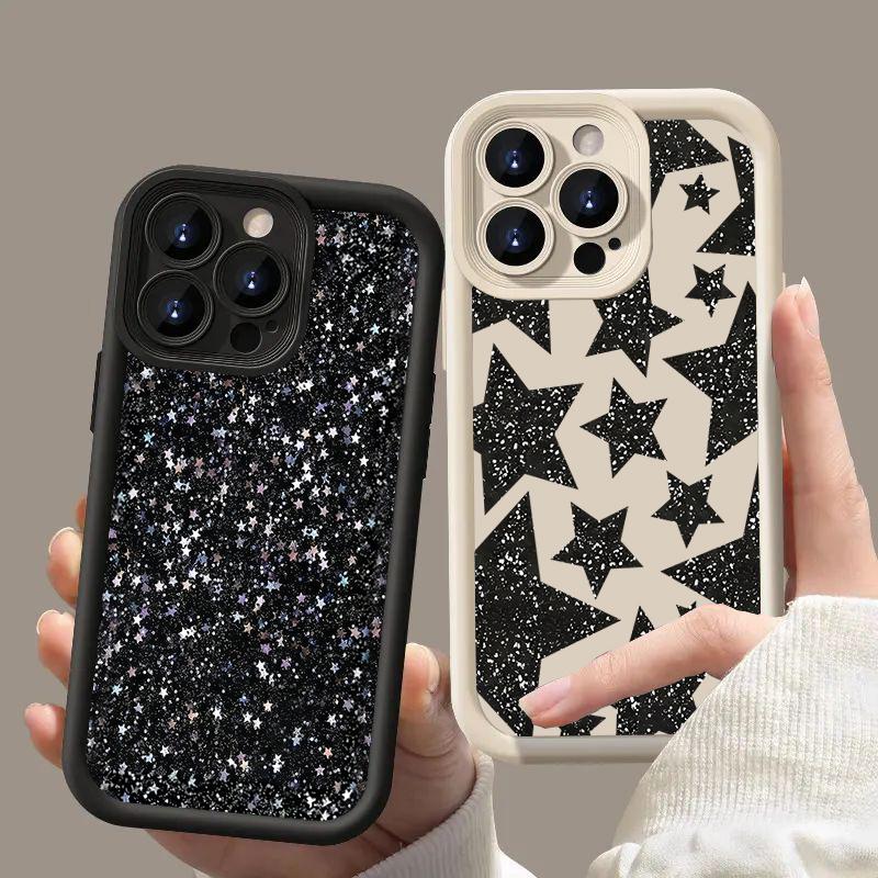 Luxury Black Star Print Phone Case For Samsung Galaxy S25 S24 S23 S22 S21 Ultra Plus FE A26 A33 A25 A16 A56 A53 Silicone Cover