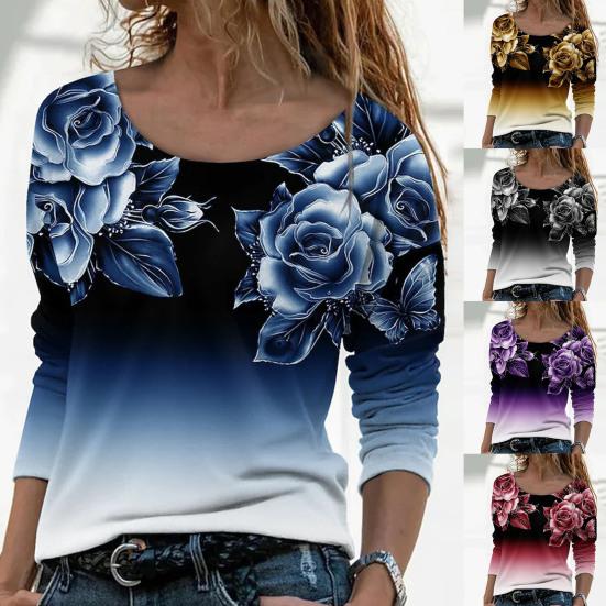 Women Shirt Floral Print Gradient Color All Match Spring Blouse for Daily Wear