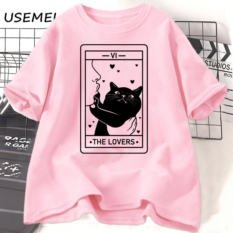 Tarot The Lovers T Shirt Cotton Short Sleeve Cat Lover T-shirt Crazy Cat Lady Graphic Tees Harajuku Casual Vintage Clothes Tees
