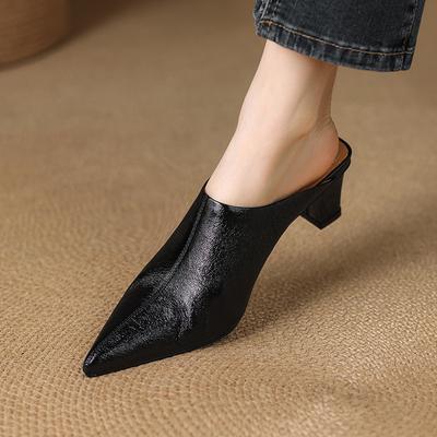 Fashion 2025 Women's New Spring/Summer Pointed Sheepskin Leather Genuine Leather Sheepskin Baotou Middle Heel Large Muller Half Slippers