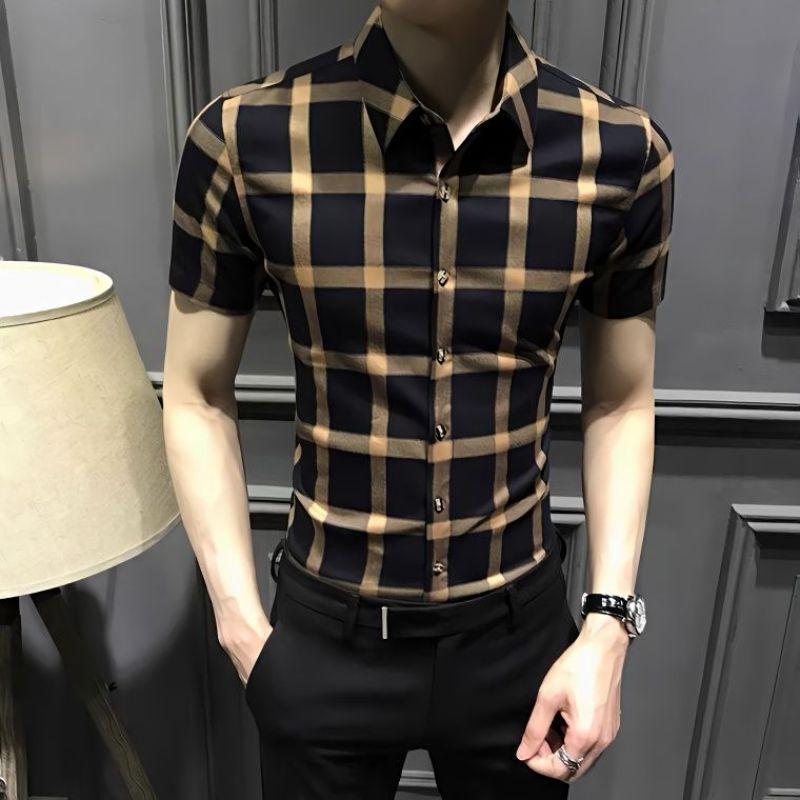 Summer Fashion Trend Casual Business Versatile Lapel Plaid Slim Short Sleeved Men's Single Breasted Shirt