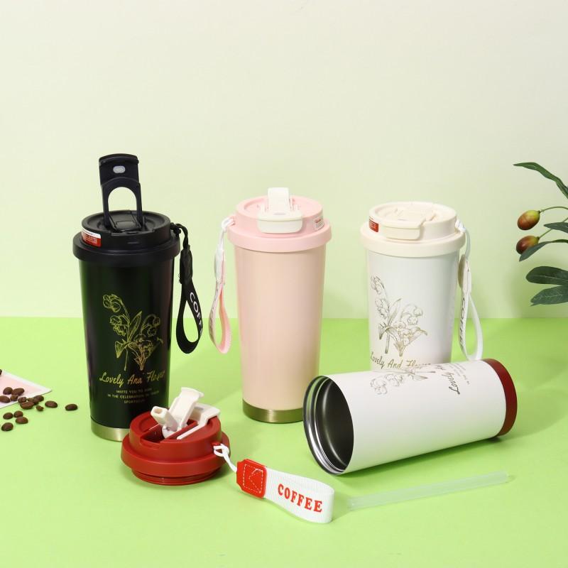 Stainless Steel Insulated Travel Mug With Handle Rope Straw 500ml Vacuum Thermos Office Outdoor Commute