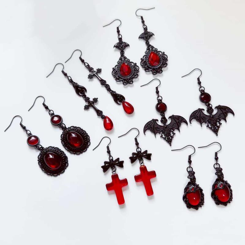Elegant Gothic Renaissance Bat Cross Red Glass Earrings