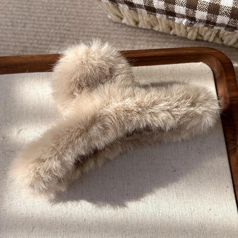 Solid Color Fluffy Cross Hair Claw For Women Girls Sweet Plush Hairpins Crab HairClips Headband Winter Fashion Hair Accessories