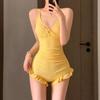 Fashion Year One-piece Solid Color Swimsuit Small Breasts Gathering Long Sleeve Blouse Cover Meat Hot Spring Vacation