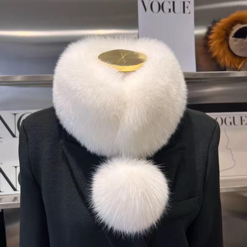 Damen Schal im Koreanischen Stil aus Echter Fuchsfell mit Großem Bommel und Magnetischem Verschluss - Beidseitig, Vielseitiger Nackenschutz für Herbst und Winter