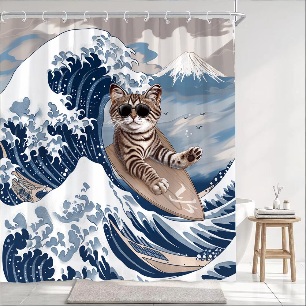 Funny And Creative Surfing Cat Shower Curtain, Bathroom Decorative Curtain, Printed Polyester Fabric Home Curtain With Hooks