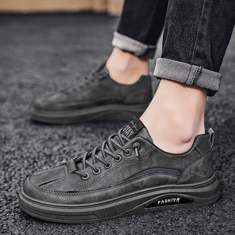 Spring Men's Shoe Brand New Breathable Trendy Black Versatile Leather Shoes Non Slip Platform Strap Casual Business Board Shoes