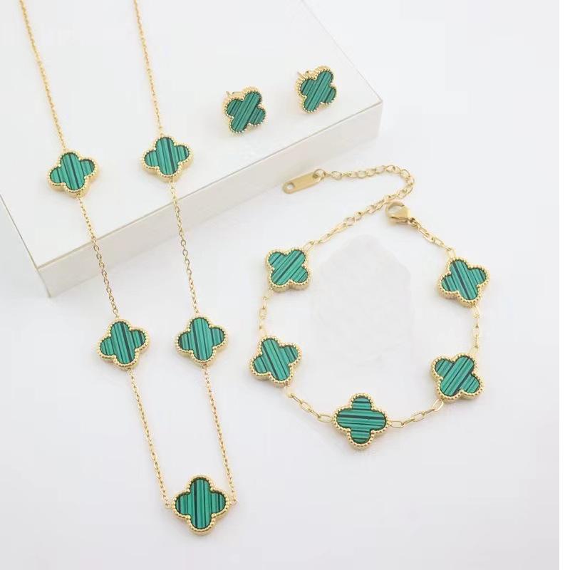 3PCS Versatile Stainless Steel Clover Jewelry Women's Set Necklace Earnail Bracelet Personalized Accessories