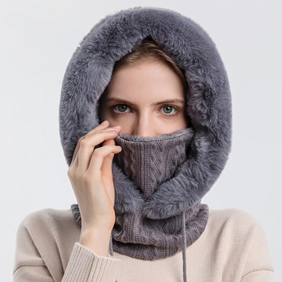 Fleecegefütterte Strickmütze Einfarbig Plüschbesatz Verstellbarer Kordelzug 3-in-1 Mütze Gesichtsschutz Schal-Set Winddicht Ski Snowboard Kaltwetterausrüstung