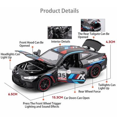 1:32 M4 Hračky Auta Modely Slitina Tlakové lití Se zvukem a světlem Miniaturní vozidla Nádherný interiér Superauto Perfektní dárky pro děti