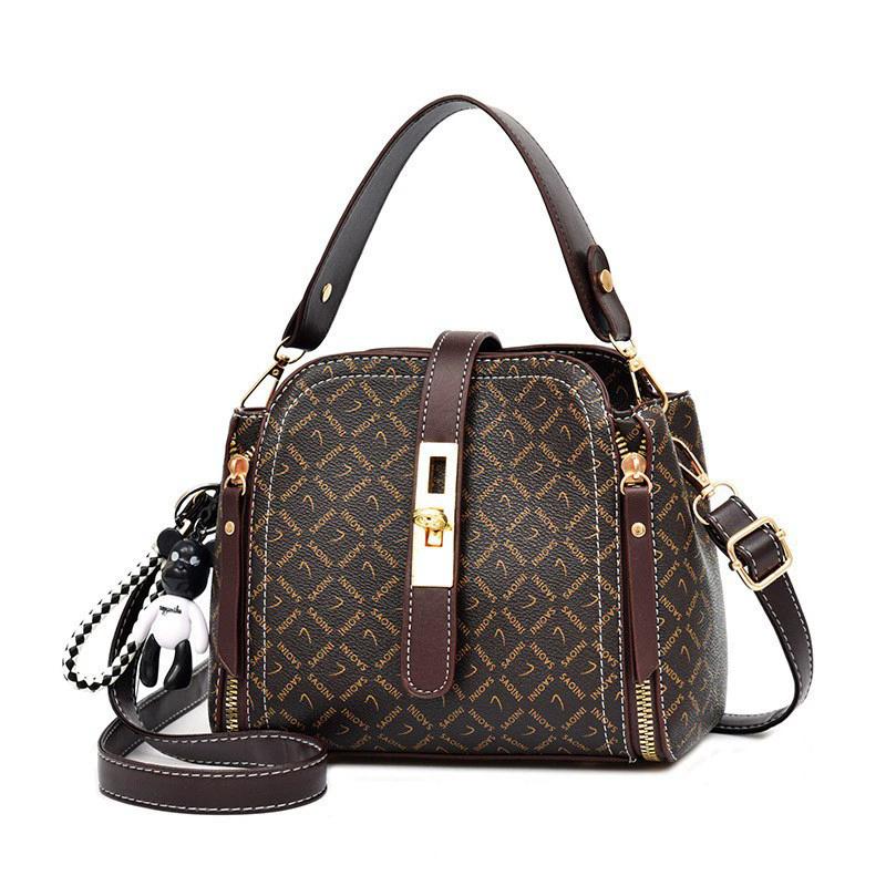 Borsa a secchiello da donna con stampa monogramma, tracolla, borsa a mano vintage con chiusura dorata, tracolla regolabile