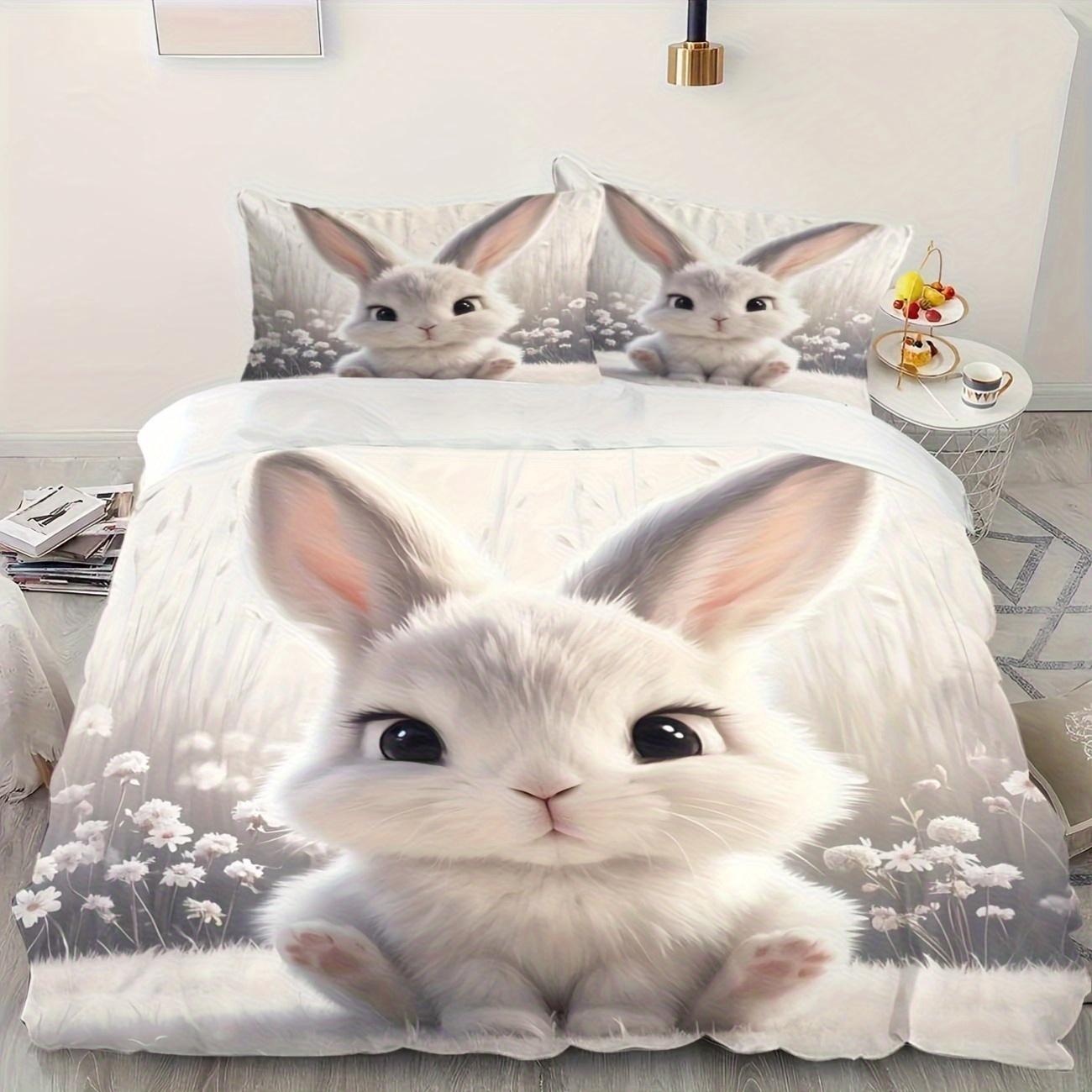 

3 шт. Очаровательный комплект постельного белья с принтом кроликов - Мягкий полиэстер, цифровая печать, комфорт. Включает 1 пододеяльник размера Queen и 2 наволочки EU Single(135*200cm)3pcs
