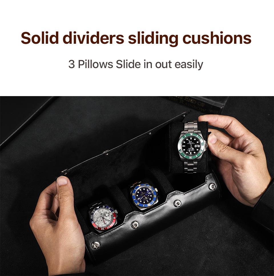 CONTACTS FAMILY Leather Anti-Fall Watch Box: Portable Three-Piece Mechanical Watch Storage Case