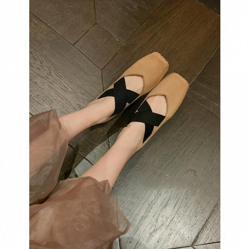 [sheii Su Yinyin] Washing Process~ Pig Nose Retro Old Cross Belt Leather Ballet Shoes Women's Single Shoes